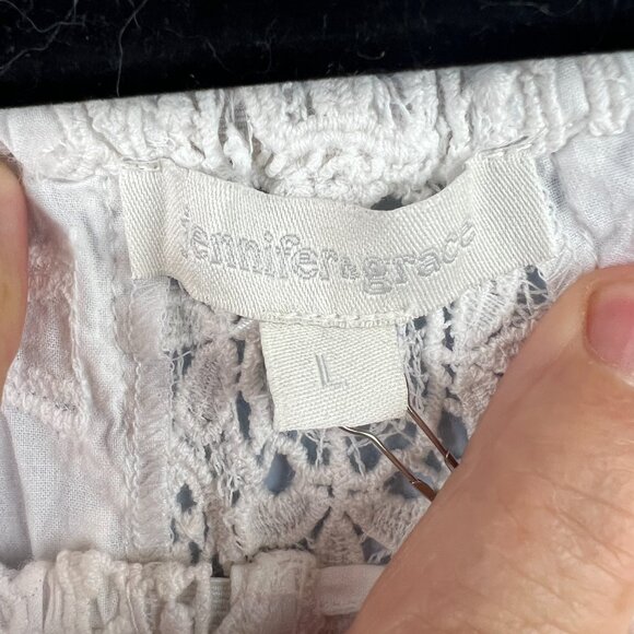 Jennifer & Grace White Lace Scoop Neck Puff Sleeve Blouse Size L Boho Gypsy - Picture 2 of 7